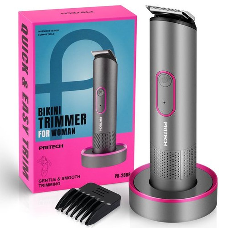PRITECH Pubic Hair Trimmer Women - Rechargeable Bikini Trimmer for Women Sensitive Skin, Wet&Dry Use, Pain-Free Electric Razor&Shaver with Standing Recharge Dock, Ideal Gift, Slate Grey