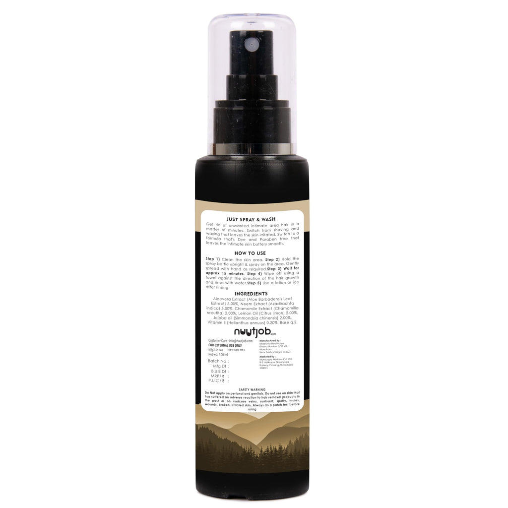 Nuutjob Ayurvedic Intimate Hair Removal Spray | Painless Procedure | Quick & Easy Hair removal | All Skin Types | Unisex Adult, Men, Women | 3.38 fl oz