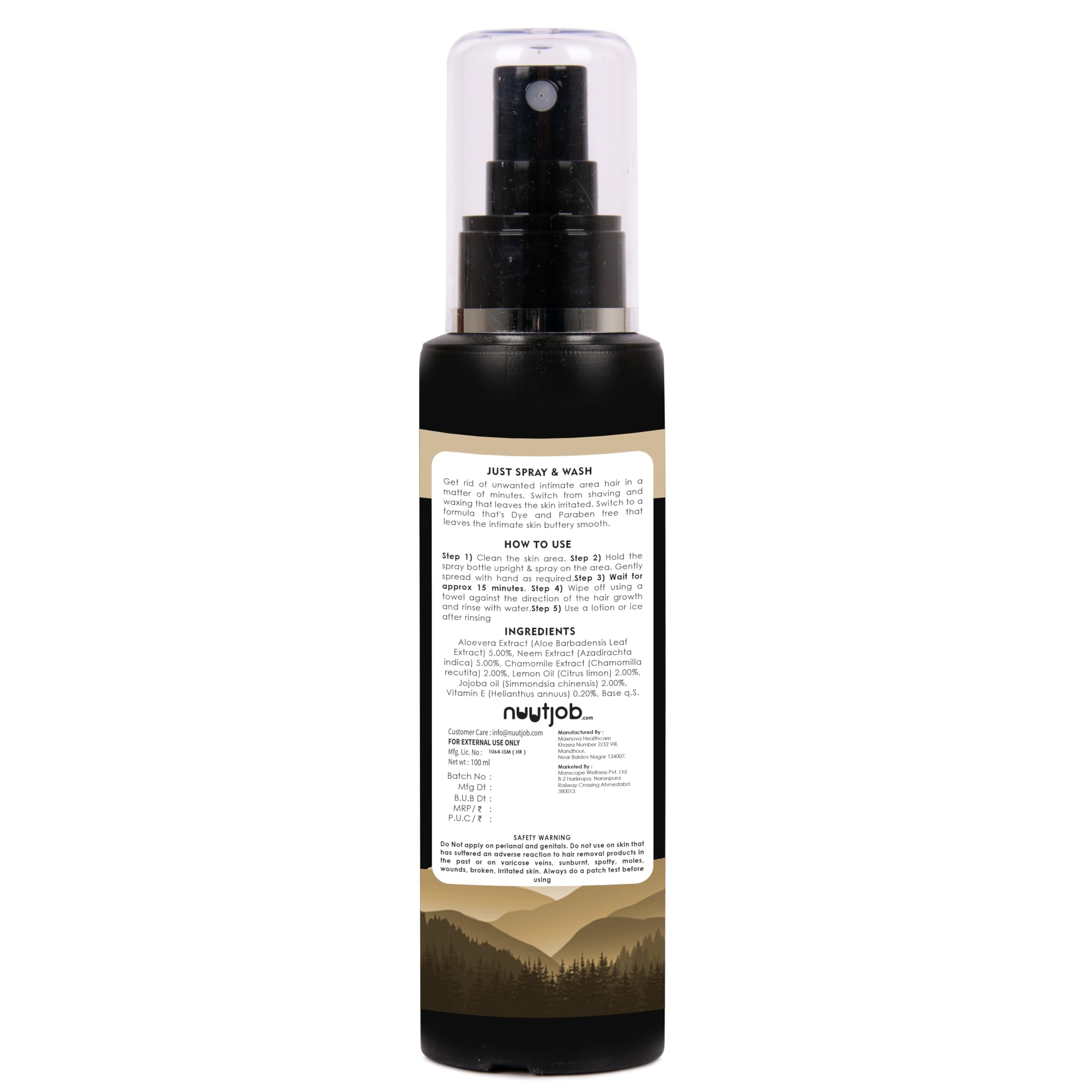 Nuutjob Ayurvedic Intimate Hair Removal Spray | Painless Procedure | Quick & Easy Hair removal | All Skin Types | Unisex Adult, Men, Women | 3.38 fl oz