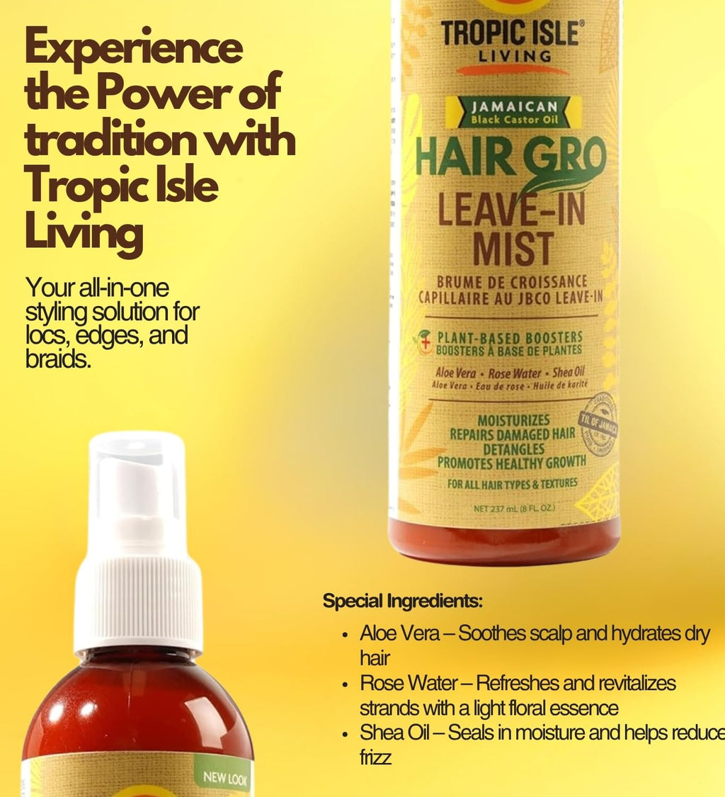 Tropic Isle Living Leave In Conditioner For Black Women – 2x Hair Gro Leave-In Mist 8oz Bundle with Rose Water, Aloe Vera & Shea Oil – Detangling, Moisturizing, and Strengthening – Gift Set (2 Items)
