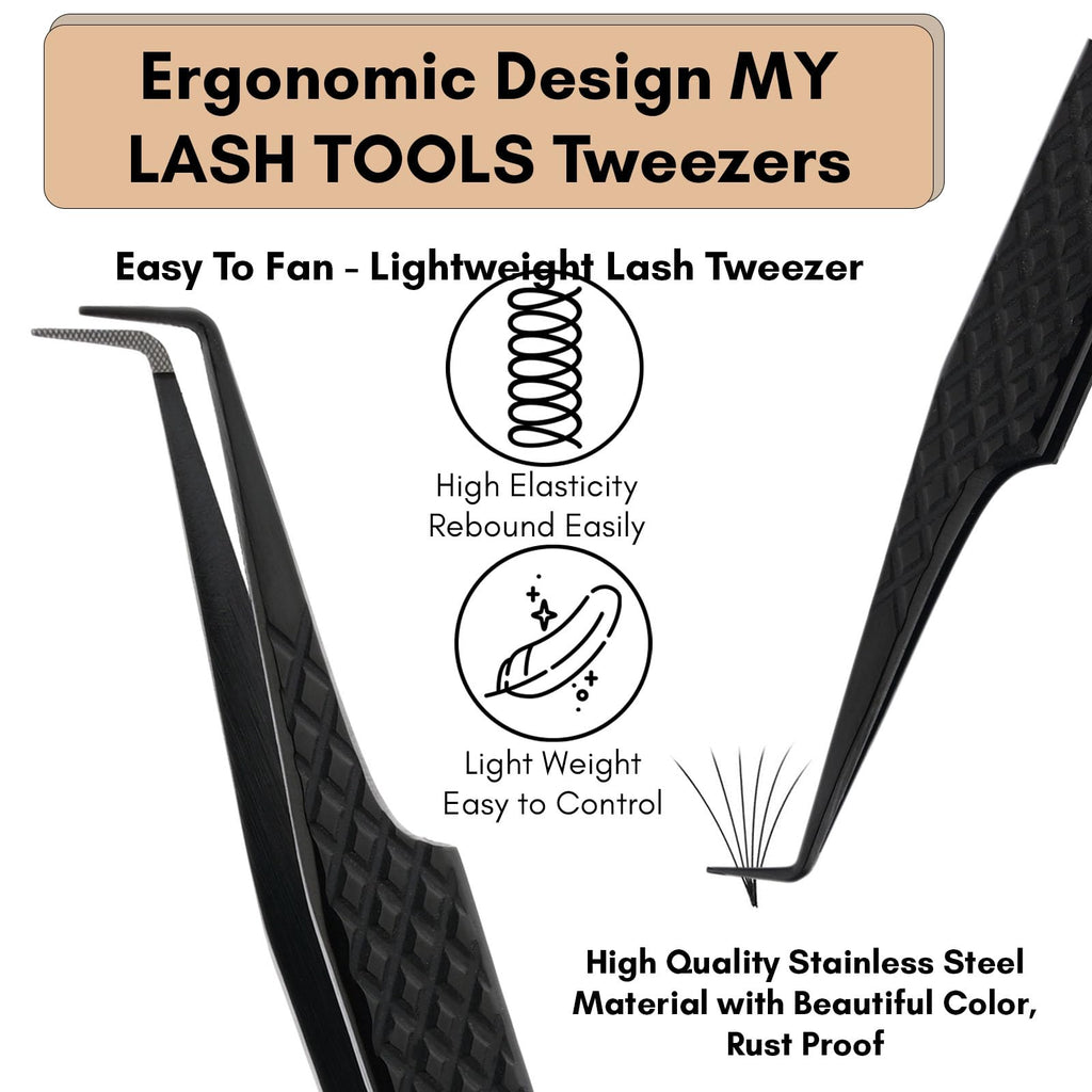 My Lash Tools Fiber Tip Lash Tweezers for Eyelash Extension Curved 90 Degree Angle Boot Tweezer Best for Volume, Individual Isolation & Classic Lashes Stainless Steel Lash Supply (Black)