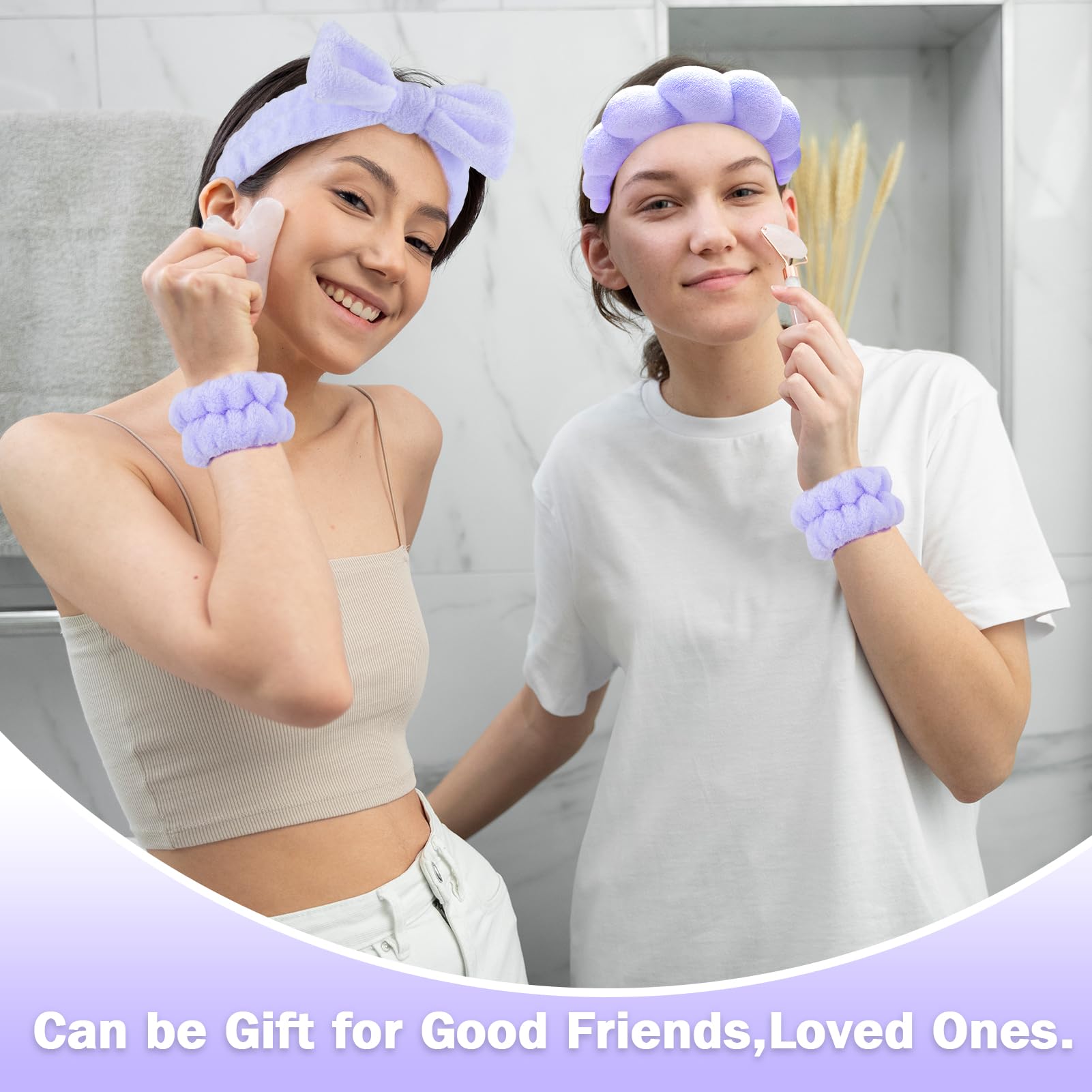 Zkptops 6Pcs Spa Headband for Washing Face Wristbands Set Women Bubble Makeup Sponge Terry Cloth Padded Puffy Skincare Headband Bow Tie Hairband Cute Non Slip Thick Hair Accessory Gifts (Purple)