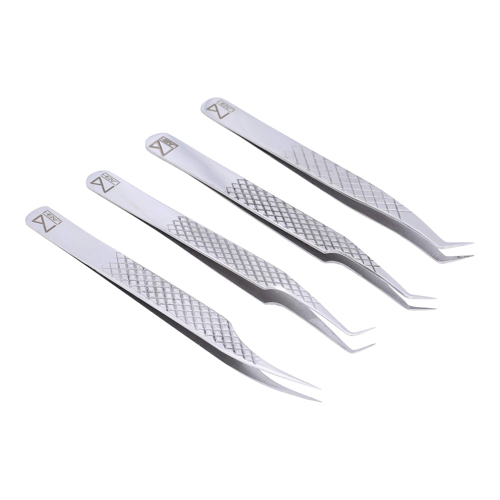 M LASH tweezers for Eyelash Extension (Set of 4) - Professional & Precision Eyelash tweezers - Japanese Steel, Diamond Grip, Fiber Tip V3 lash applicator tool (Silver)