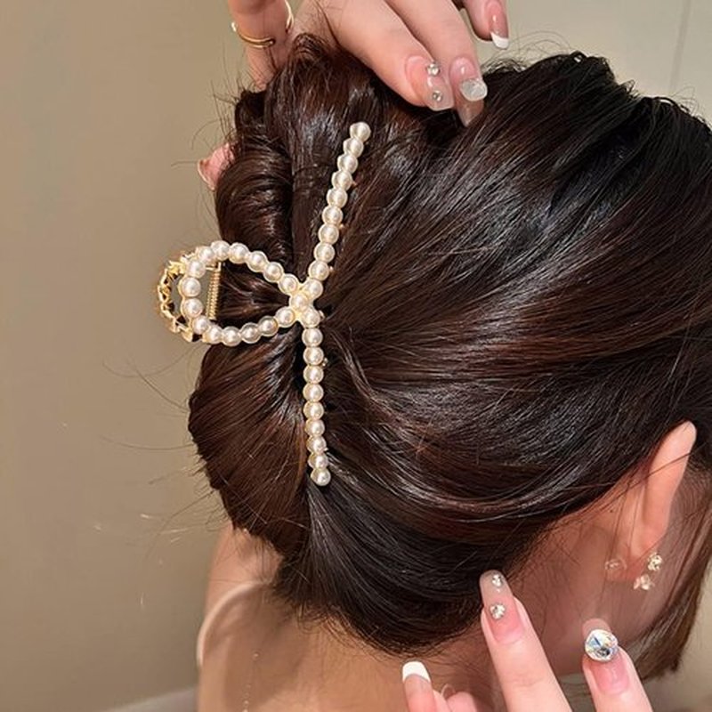 Rhinestone Hair Claw Clips, Textention Large Size Imitation Pearl Claw Jaw Clips for Women Thick Thin Hair Elegant Crystal Clasps Clamps Accessories Headwear Styling Tools for Party Wedding (2 Pack)