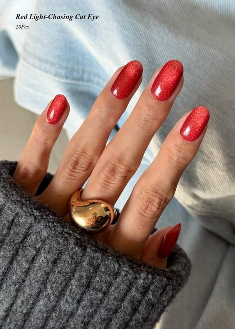 AutyaMee Semi Cured Gel Nail Strips (Red Light-Chasing Cat Eye), 20 Pcs Gel Nail Wraps, Stickers, Works with Any UV Lamps