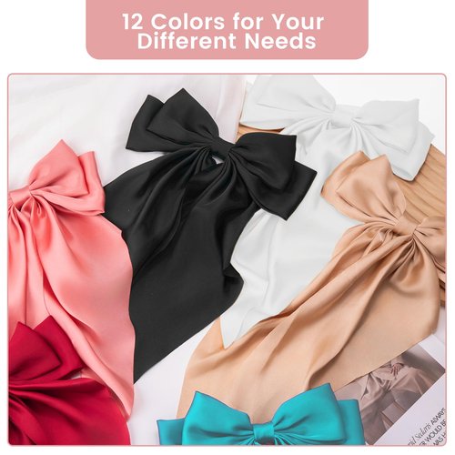 TUBIAN 6PCS Oversized Hair Bows for Women & Girls Large Bow Hair Clips with Long Tail Ribbons, Elegant Barrettes for Thick & Thin Hair, Fashionable Hair Accessories
