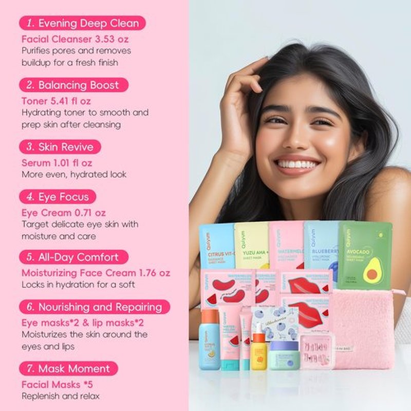 QUIYUM Fruit Skincare Set - with Pink Plush Makeup Bag & Strawberry Nail Art, Hydrating Moisturizing Glowing Oil Control Facial Care, Spa-Like at Home, Perfect Teen Girl Gifts Trendy Stuff