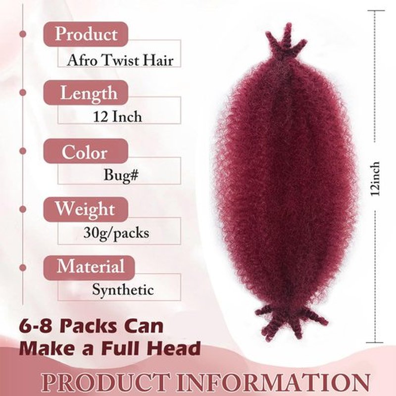 12 Inch Kinky Twist Hair 8 Packs Marley Twist Braiding Hair Pre-Separated Afro Spring Twist Hair Burgundy Afro Twist Hair for Faux Locs (Bug#, 12 Inch(Pack of 8))
