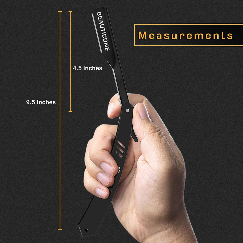 BEAUTICONE Barber Straight Razor for Men – Professional Shavette with Slide-Out Blade Holder, 20 Stainless Steel Blades Included, Cut Throat Razor, All Black