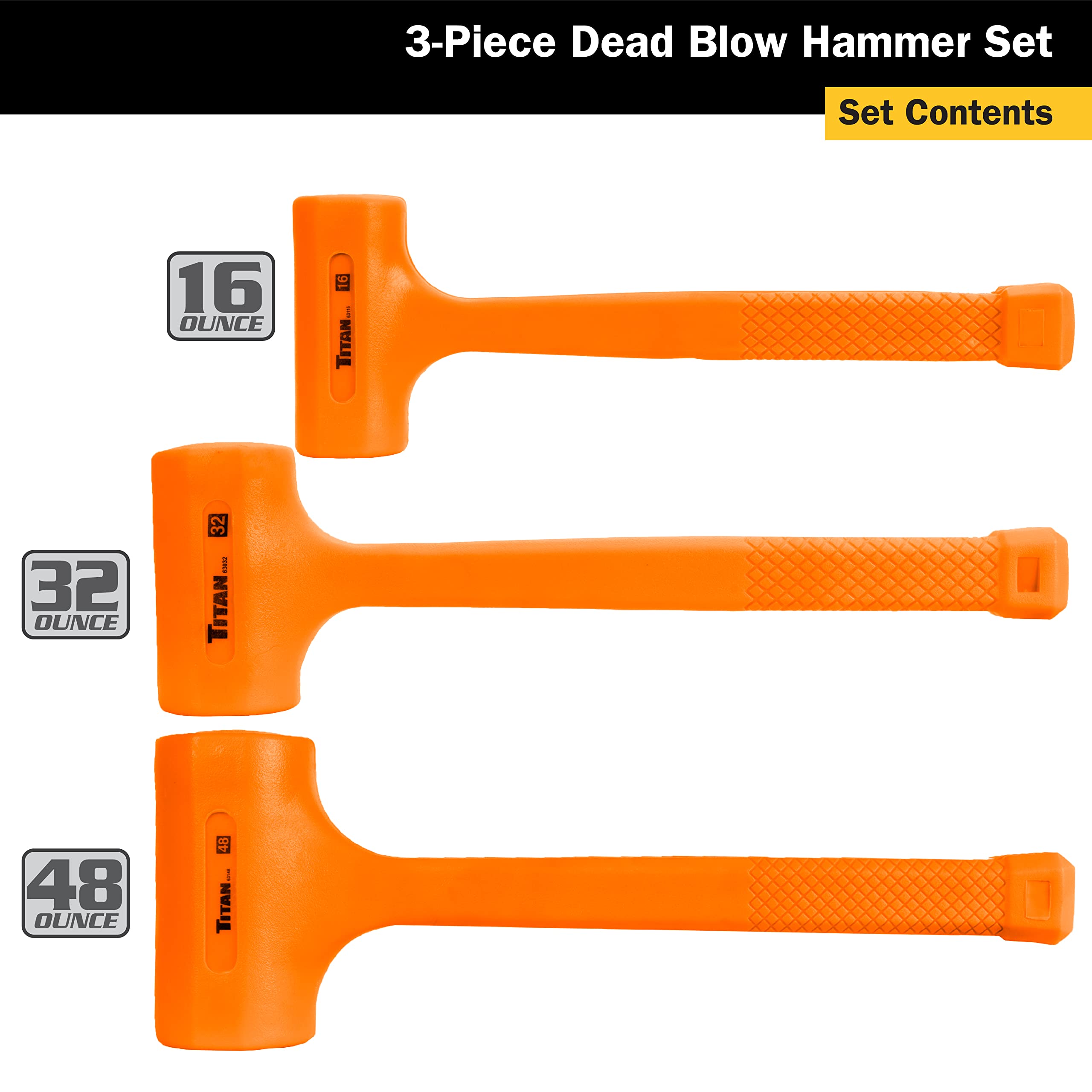 Titan 63143 3-Piece Dead Blow Hammer Set, Includes 1lb, 2lb & 3lb with Non-slip Diamond Textured Handles, Spark & Rebound Resistant