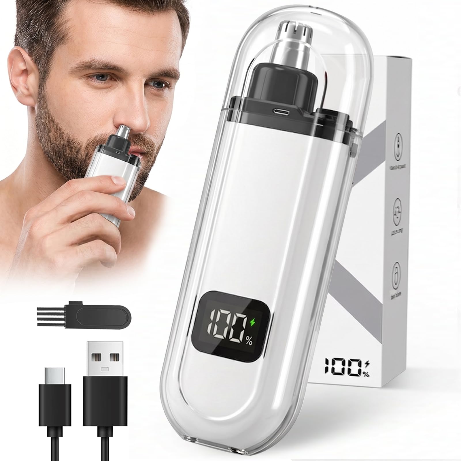 NumberGlow USB Nose and Ear Hair Trimmer for Men and Women Electric Nose Clipper with LED Power Display, Water-Resistant Dual-Edge Blades, High-Speed Motor, Gentle Grooming for Travel, White