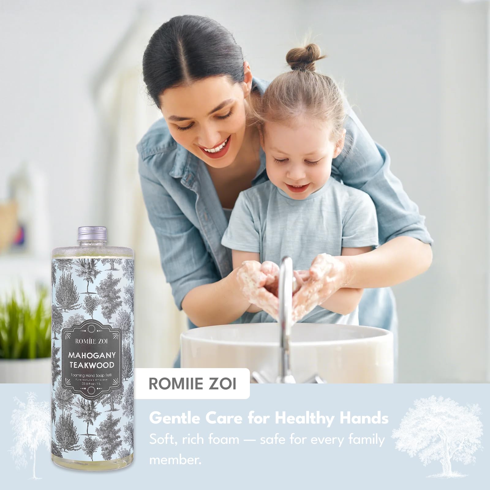 ROMIIE ZOI Foaming Hand Soap Refill Gift Set – Teakwood Scent – 3 Pack (1000ML Each) with Dispenser – Gentle & Moisturizing Plant-Based Formula – Bulk Refill Bottles for Bathroom & Kitchen Use