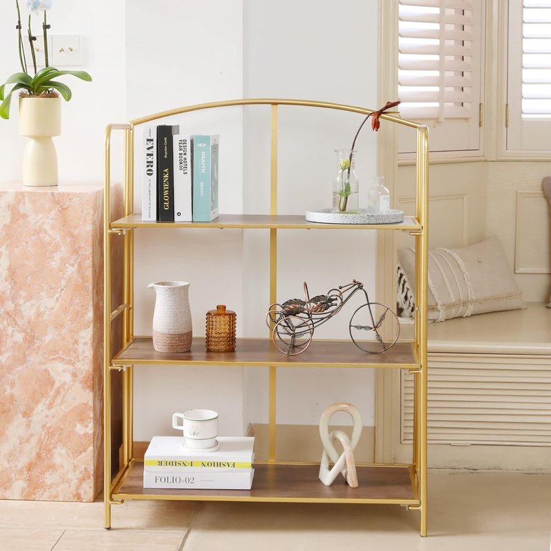 Crofy Folding Bookshelf - 3-Tier Gold Collapsible Bookcase for Living Room & Home Office Storage