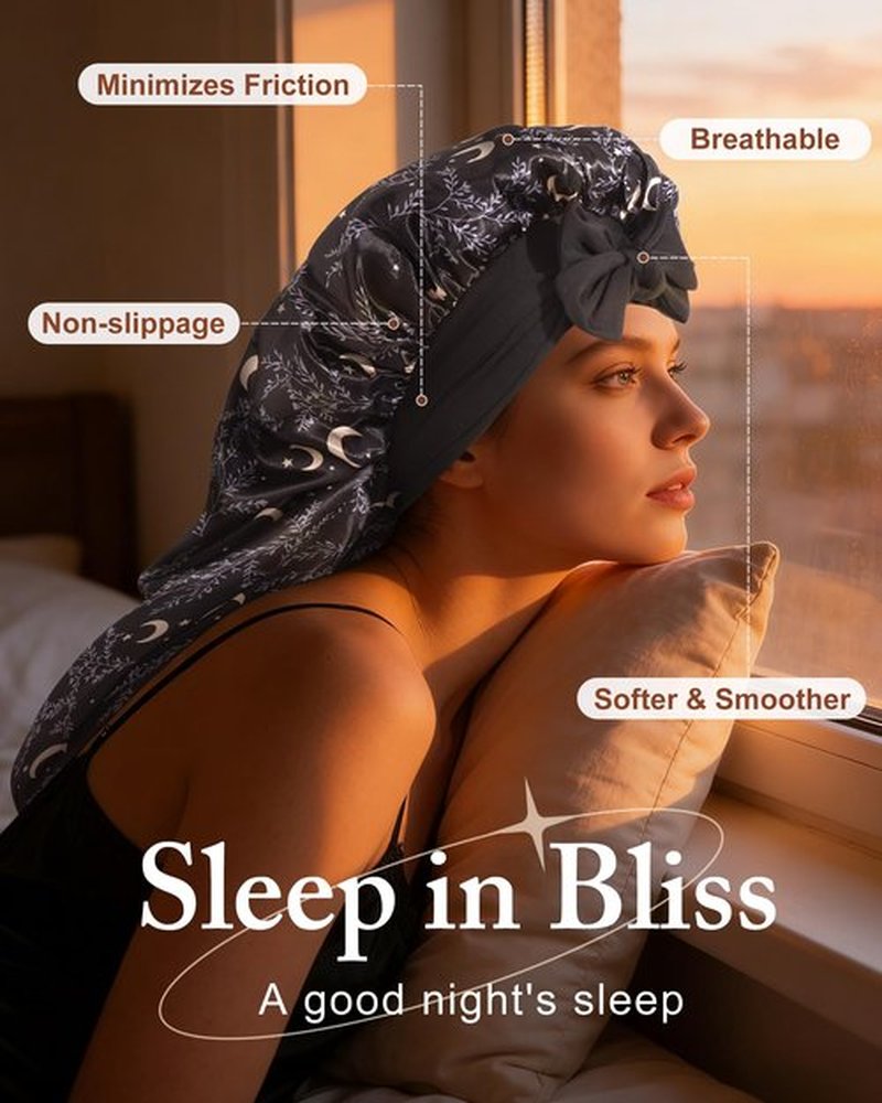 AWAYTR Long Satin Bonnet for Women - Double Layer Elastic Silk Bonnet for Braids Hair Sleeping Cap with Tie Band (Star and Moon+Black)