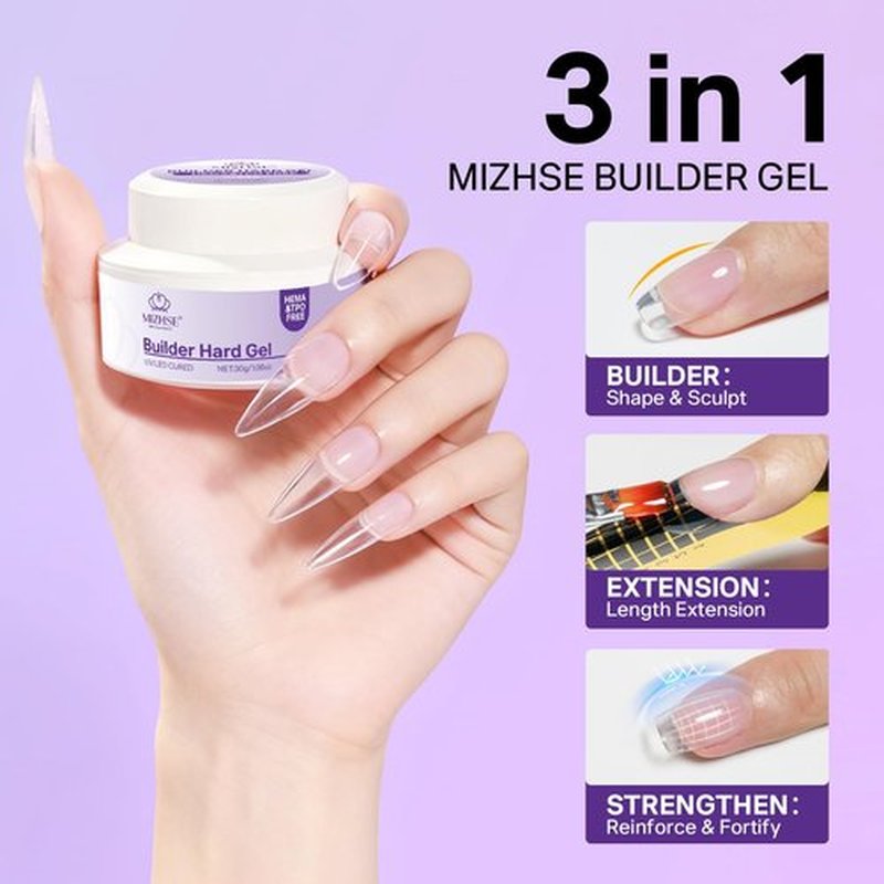 MIZHSE HEMA-Free Hard Gel for Nails-1.06oz Clear Builder Gel Nail Stengthener U V/LED Extension Gels for Nail Repair for DIY Home Salon Women Gifts Lamp Cured