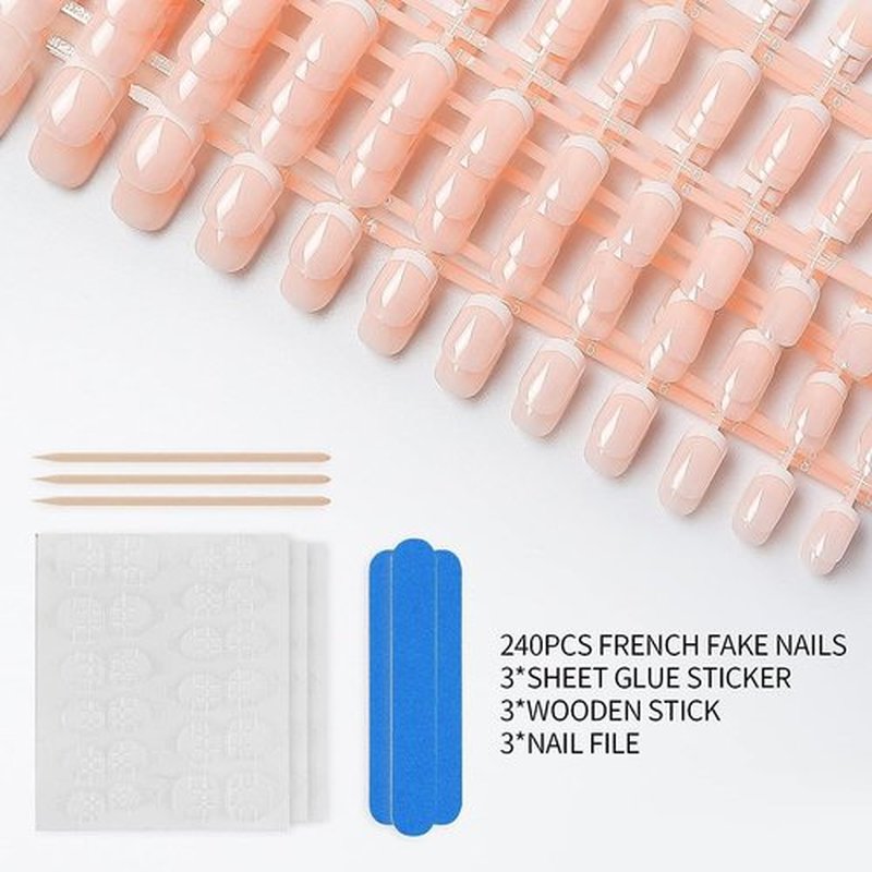 LIARTY 240 Pcs Natural French Short False Nails 12 Size Acrylic Full Cover Nails with Simple Case Press on(240Pcs)