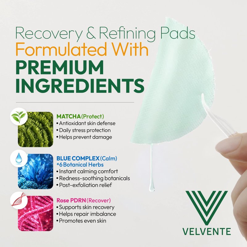 VELVENTE Matcha Toner Pads with Rose PDRN, Peptides & Hyaluronic Acid | Korean Facial Pads for Dark Spot, Acne Prone & Uneven Skin Tone, Soothing Radiant Skin, Makeup Prep Daily Skincare, 100 Pads