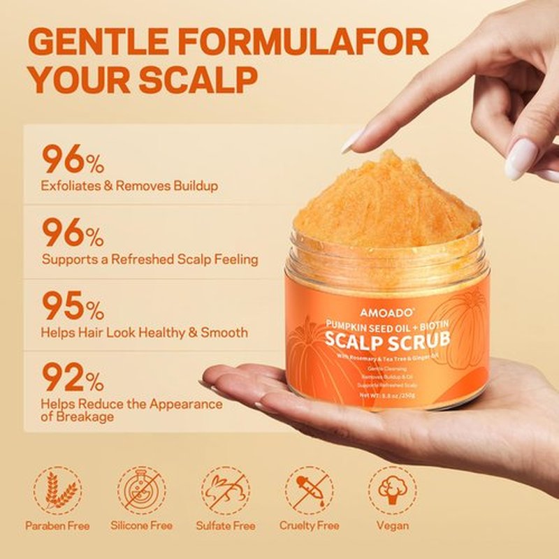 AMOADO Scalp Scrub, Pumpkin Seed Oil Scalp Exfoliator With Biotin & Rosemary, Sulfate Free Scalp Detox for Itchy Scalp & Dandruff & Buildup Removal & Hair Growth, Hair Scrub with Scrubber