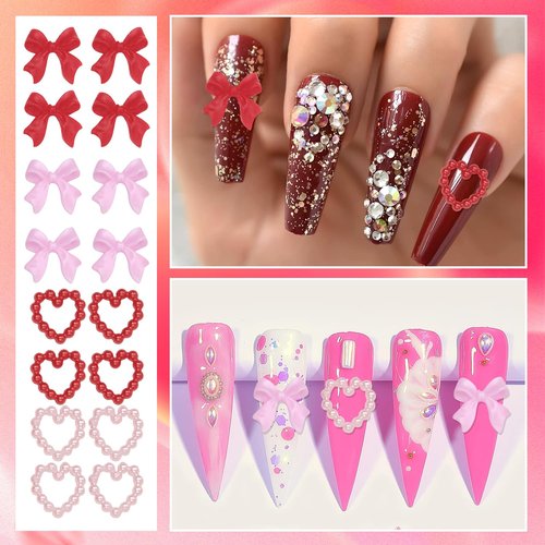 3D Gold Heart Nail Charms and Gems, Gold Bow Alloy Nail Charms Dangle, Red Heart Rhinestones Nails Bow Charms, Shiny Luxury Y2K Nail Jewelry Pearls for Nail Art Supplies
