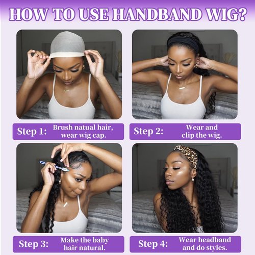QCCSRR Headband Wig Human Hair Curly 18 Inch Glueless None Lace Front Deep Curly Wig Wear and Go Wigs for Black Women Machine Made Headband Half Wigs 180% Density Natural Color