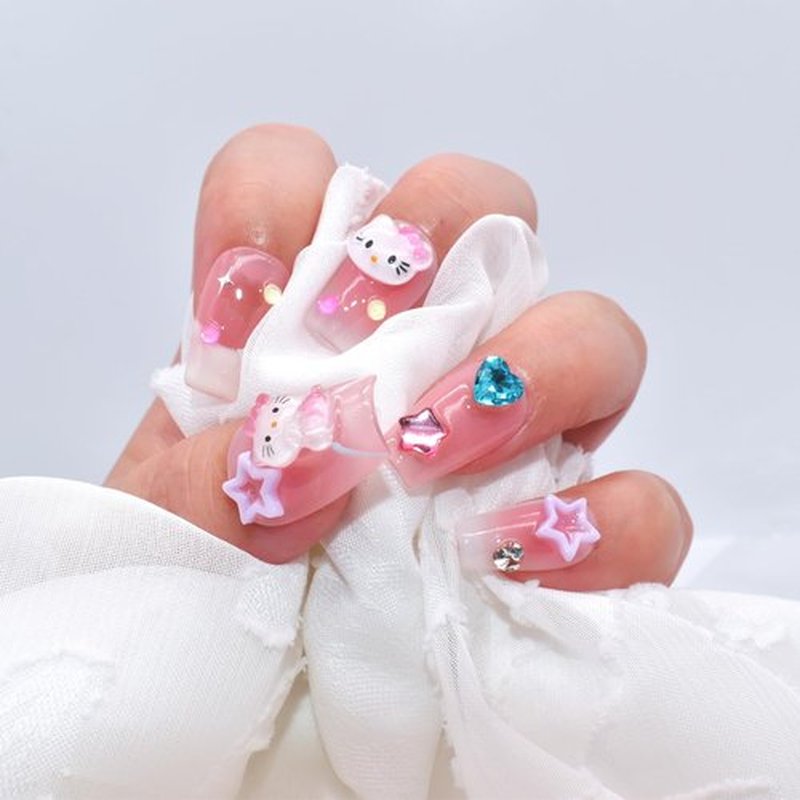 Press on Nails Handmade Short Fake Nails Gel Finished False Nails with Diamond Pearl Stars Charms Cute Cat Square Stick on Nails, Size Small
