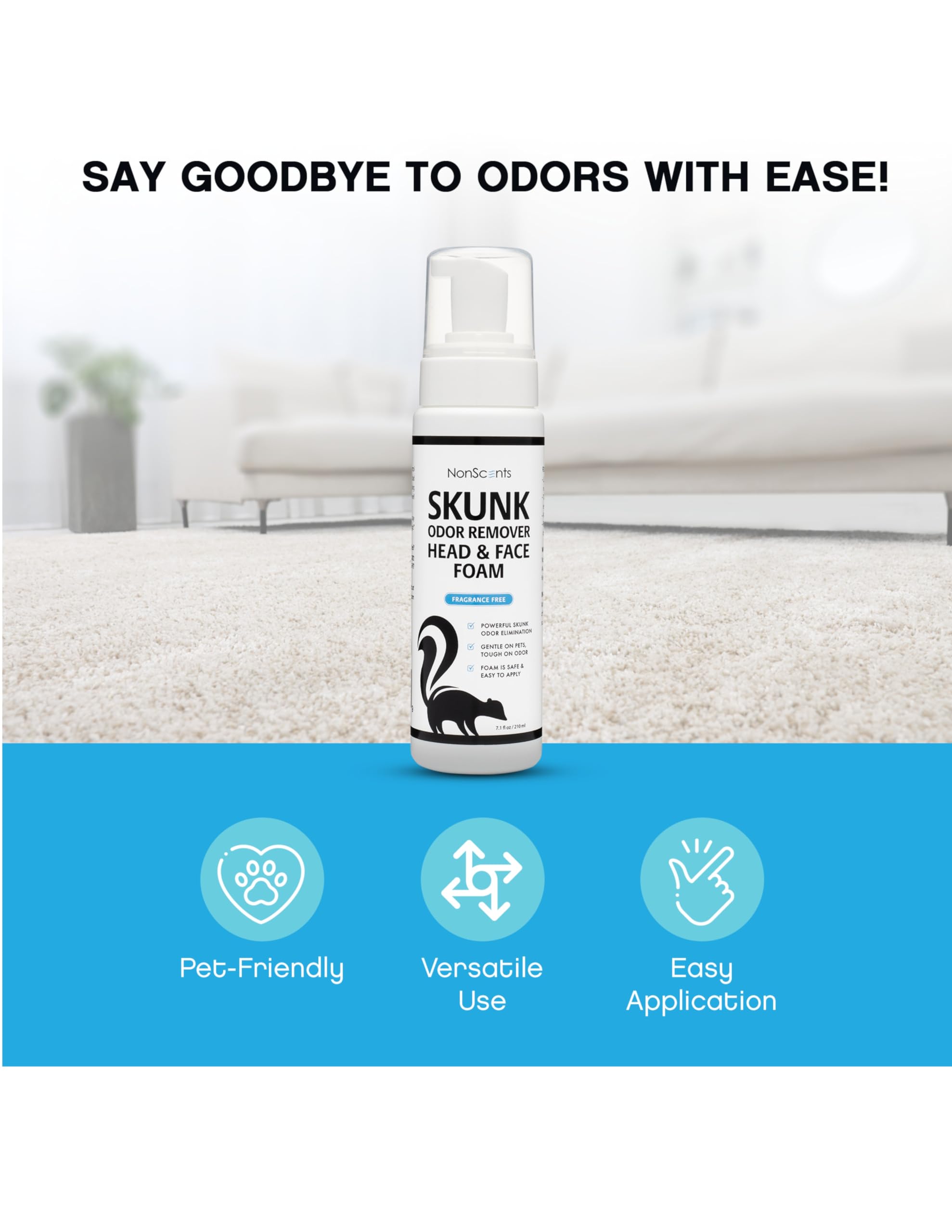 NonScents Skunk Odor Remover Head & Face Foam – Easily Eliminate Skunk Odor from Pets, Carpets, Clothing, Ready-to-Use for Dogs, Cats, Home, Carpet, Car, Clothes - Fragrance Free Freshener