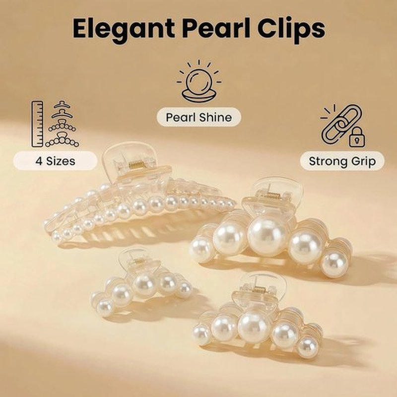 Skiennix Large Pearl Hair Clips Set - Strong Hold No Slip Banana Jaw Barrettes | 4 PCS Hair Accessories