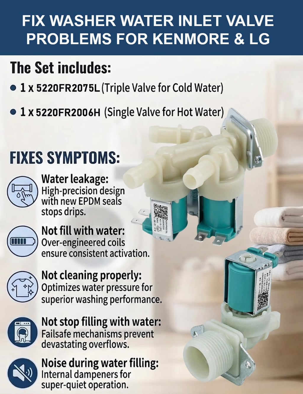 5220FR2075L (Cold) & 5220FR2006H (Hot) Washer Water Inlet Valve Replacement for L-G & Kenm-ore, Replaces 5221ER1003A 5221ER1003C 5220FR2006L Etc.