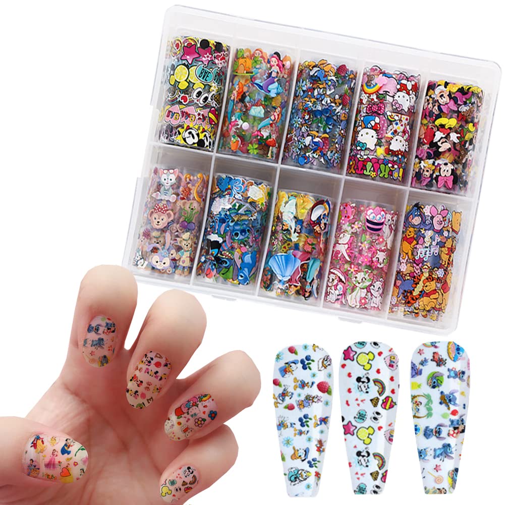 10 Rolls Cute Cartoon Nail Foil Transfer Stickers Nail Art Supplies Designer Nail Stickers Holographic Nail Art Foil Decals Cartoon Nails Designs for Women Acrylic Nails Decoration