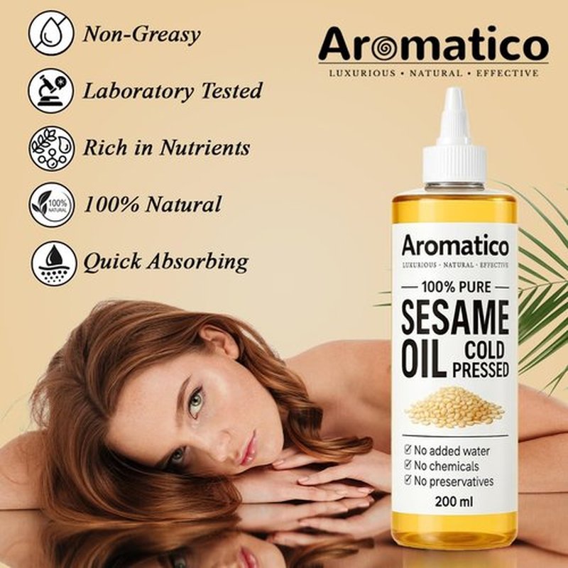 Aromatico 100% Pure Cold Pressed Sesame Oil for Skin, Hair & Massage – Lightweight, Non-Greasy Daily Care Oil, No Added Chemicals or Preservatives - 7 Fl Oz