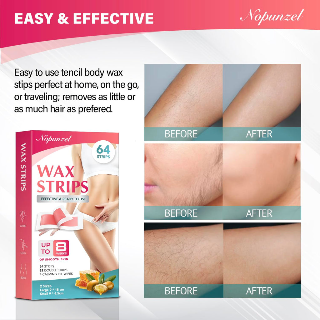 Wax Strips: 64 Waxing Strips - Hair Removal Wax - Brazilian Waxing - Waxing Kit for Women - Body Legs Arms Chest Back Bikini - Wax Kit At Home for Hair Removal - 4 Calming Oil Wipes - 2 sizes