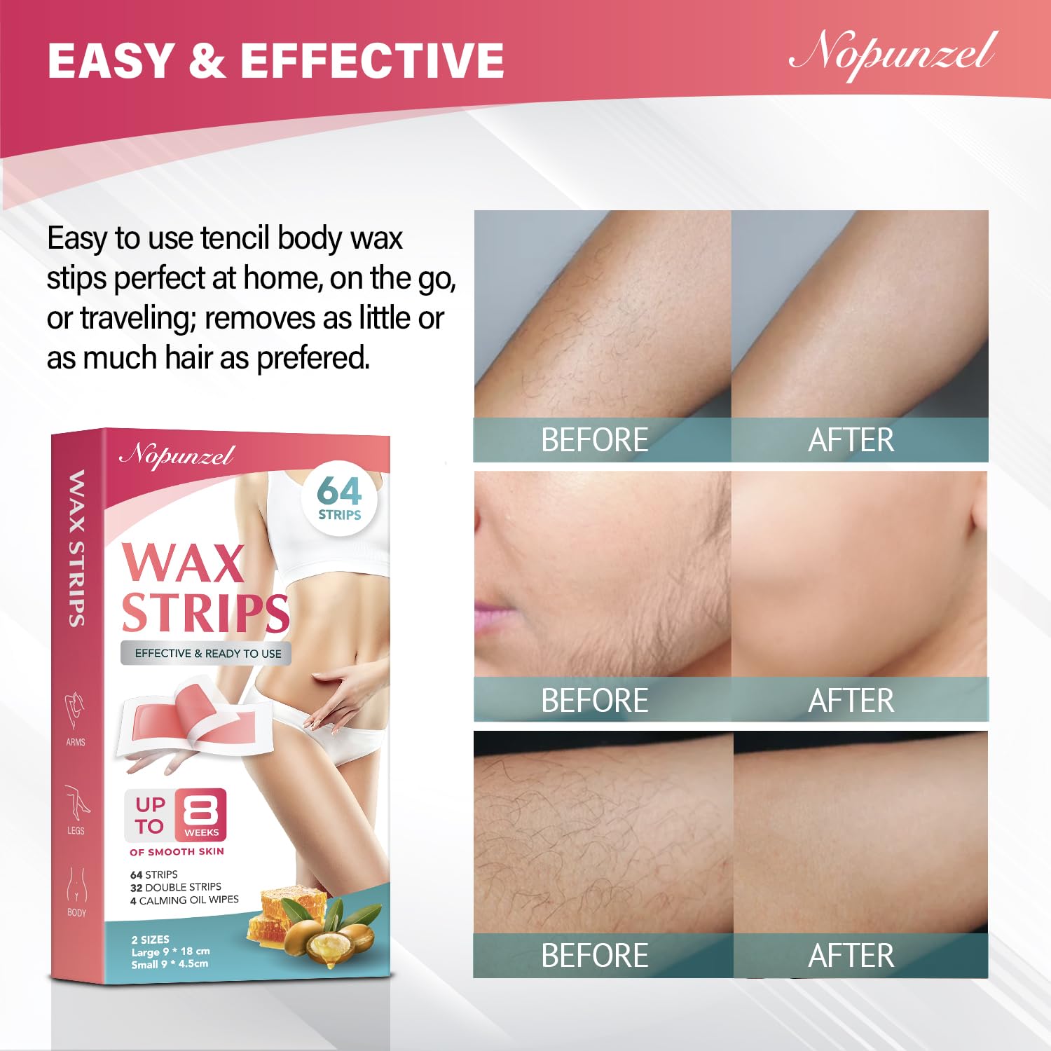 Wax Strips: 64 Waxing Strips - Hair Removal Wax - Brazilian Waxing - Waxing Kit for Women - Body Legs Arms Chest Back Bikini - Wax Kit At Home for Hair Removal - 4 Calming Oil Wipes - 2 sizes