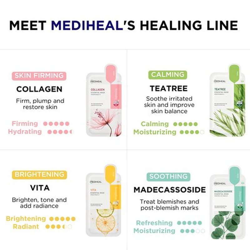 Mediheal Sheet Mask - Essential HERO 16-Pack | Collagen, Tea Tree, Madecassoside & Vita for Radiant Skin