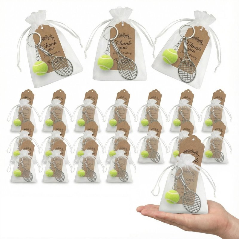 RFCAW 30 Pack Unisex Tennis Keychain Favors - Mini Tennis Ball & Racket Charms Set with Thank You Tag, Bulk Party Goodie Bags for Tennis Tournament, Sports Birthday, Team Gifts for Men and Women