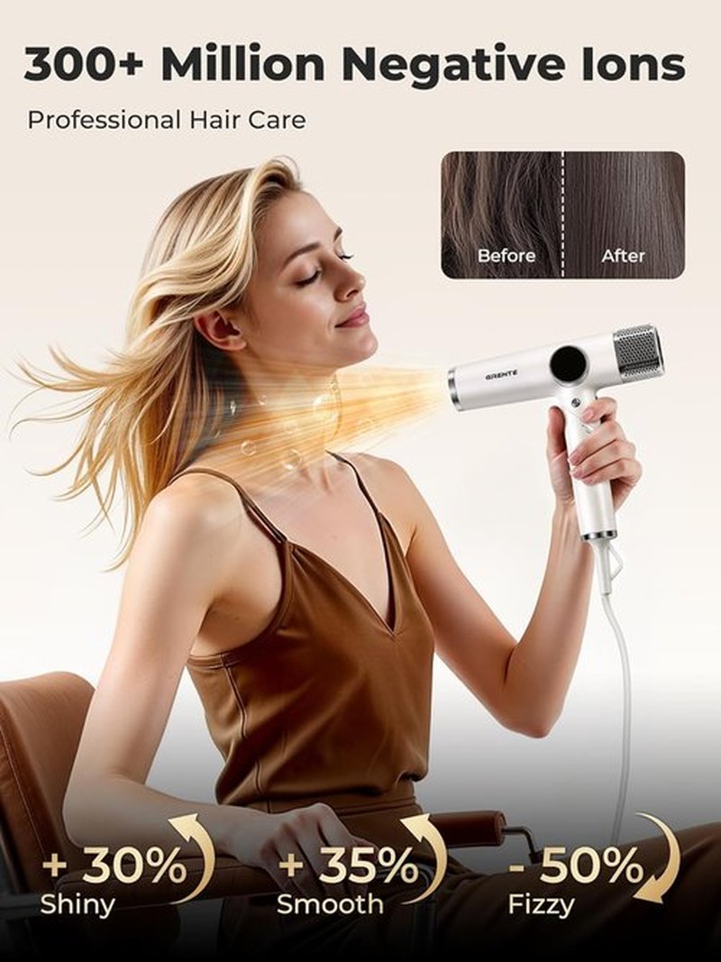 Skiennix Professional White Blow Dryer - High-Speed Ionic Hair Dryer with Digital Display & Diffuser