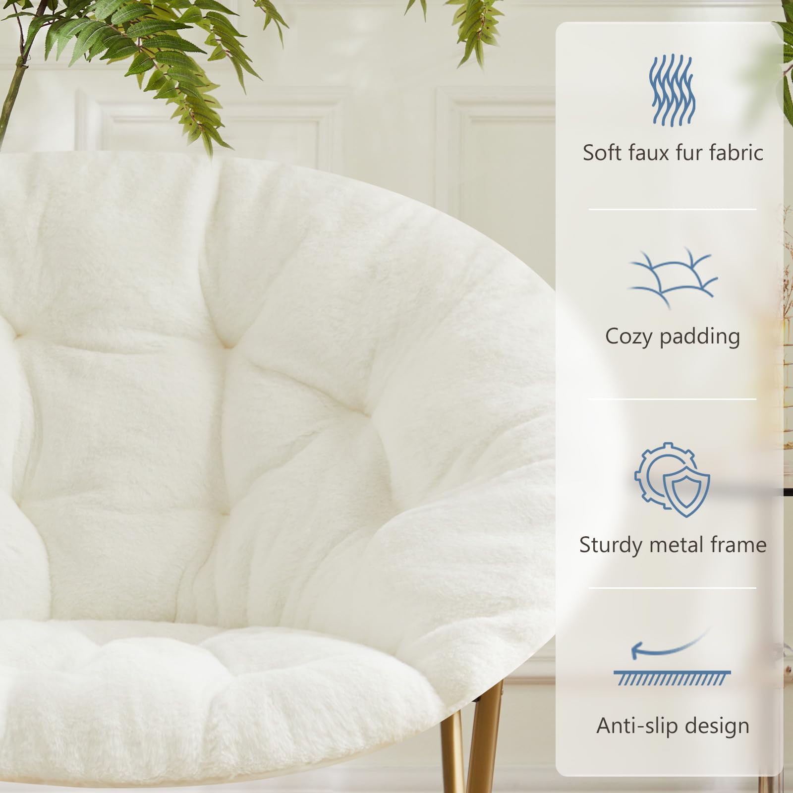 DUMOS Comfy Saucer Chair, Faux Fur Lounge Seasting XL Circle Chair for Bedroom, Dorm & Gaming, Foldable Fashion Accent Seat for Small Spaces, Folding Moon/Mushroom/Round Oversized Style,White
