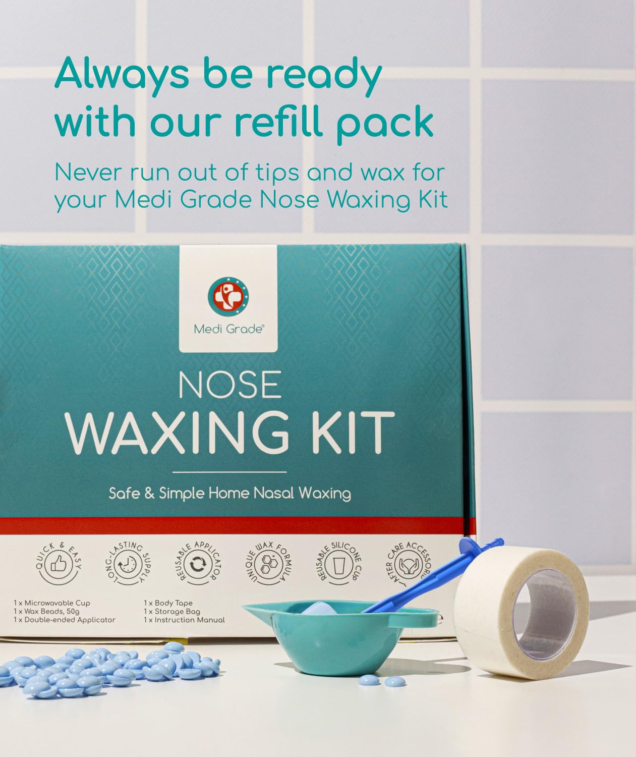 Medi Grade Nose Waxing Beads and Replacement Tips for the Medi Grade Nose Waxing Kit - Eco-friendly, Cost Effective Waxing Beads Refill for Unsightly, Itchy Nasal Hair - 50g of Beads and 26 Tips