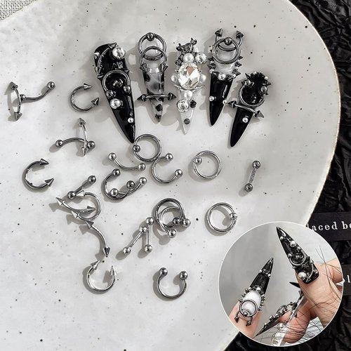 JERCLITY Platinum Gunmetal Black Punk Style Nail Rivets Set 1 Box Cone Nail Charms Studs Alloy Spike Rivets 2 Boxes Retro Metal Nails Circular Rings Nail Charms for Women