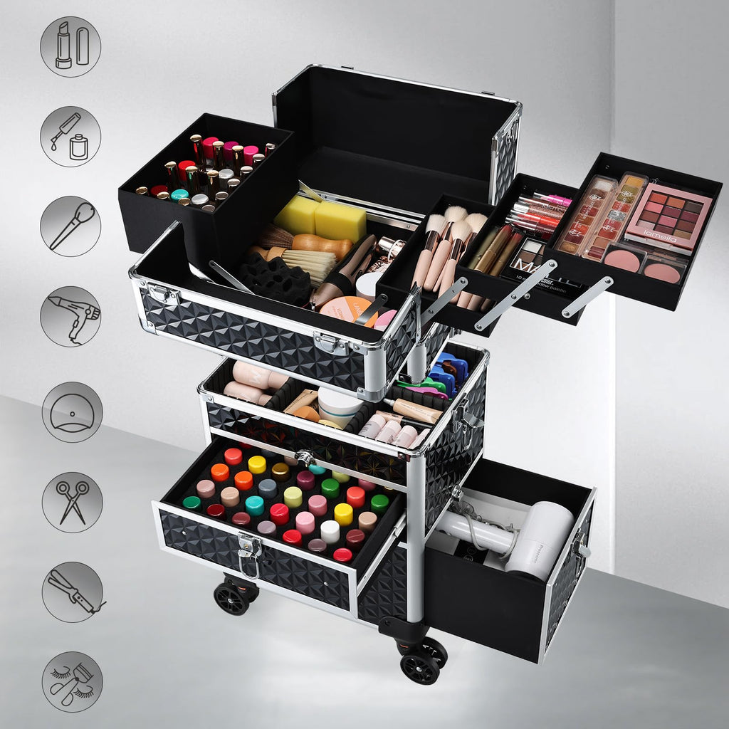 Joligrace Rolling Makeup Case with Drawers - Tattoo Storage Organizer Travel Cart for Nail Tech, Cosmetology, Barber Tools - Portable Suitcase on Wheels