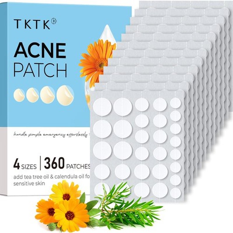TKTK Hydrocolloid Acne Patches, Pimple Patches for Face with Tea Tree & Calendula Oil - 4 Sizes Clear Cover Stickers, Invisible for Day & Night Use (360 Count)