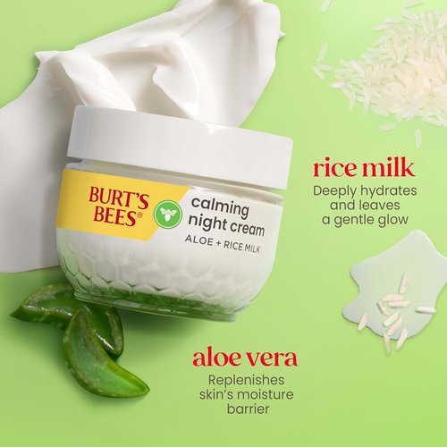 Burt's Bees Calming Night Cream - Moisturizing Face Cream With Aloe & Rice Milk for Sensitive Skin | 1.8 oz Tub