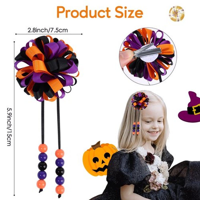 OAOLEER 6PCS Halloween Hair Bows for Girls, Flower Girls Grosgrain Ribbon Bows With Alligator Clips Girl Hair Accessories for Kids Teen Back to School (Round Bows-B)