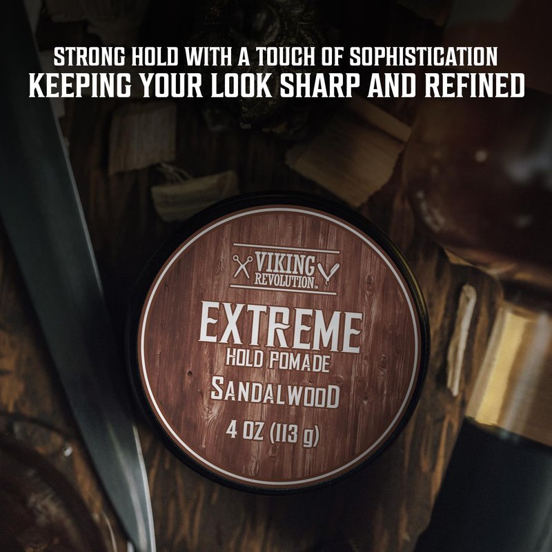 Viking Revolution Sandalwood Hair Pomade for Men - Extreme Hold Water-Based Hair Gel - Extra Firm Strong Hold With High Shine - Mens Pomade (4oz)