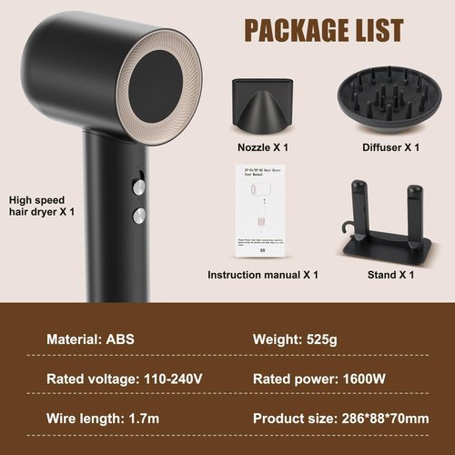 Hair Dryer, 1600W High Speed Ionic Blow Dryer with 300 Million Negative Ions, 160000 RPM Brushless Motor for Fast Drying, 59dB Low Noise & 65M/S Hair Dryers for Home Travel,Black