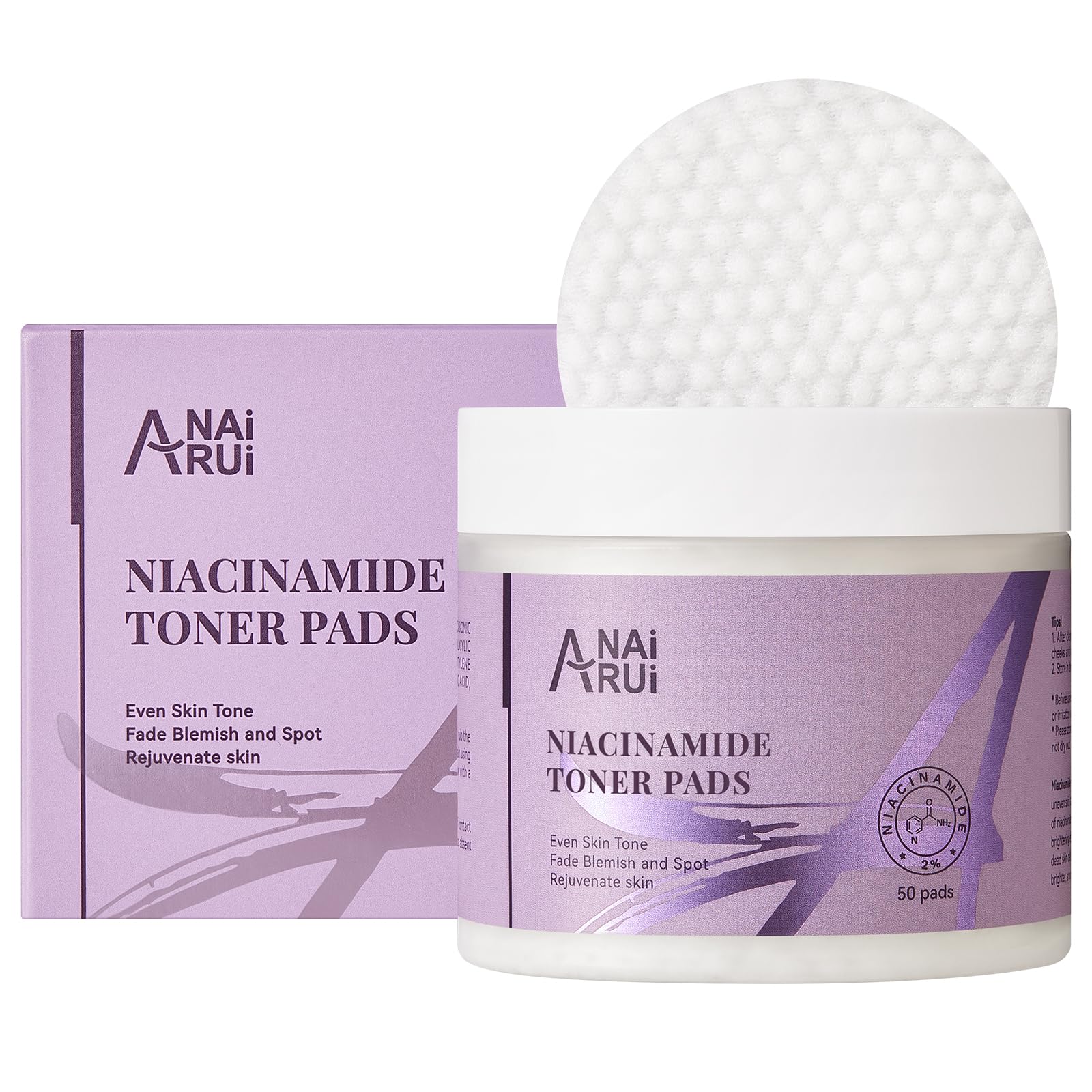 ANAI RUI Niacinamide Toner Pads,with Glutathione, Niacinamide, LHA, PHA, Facial Radiance Wipes for Even Skin Tone, Reduce Blemish and Spots 50 Pads