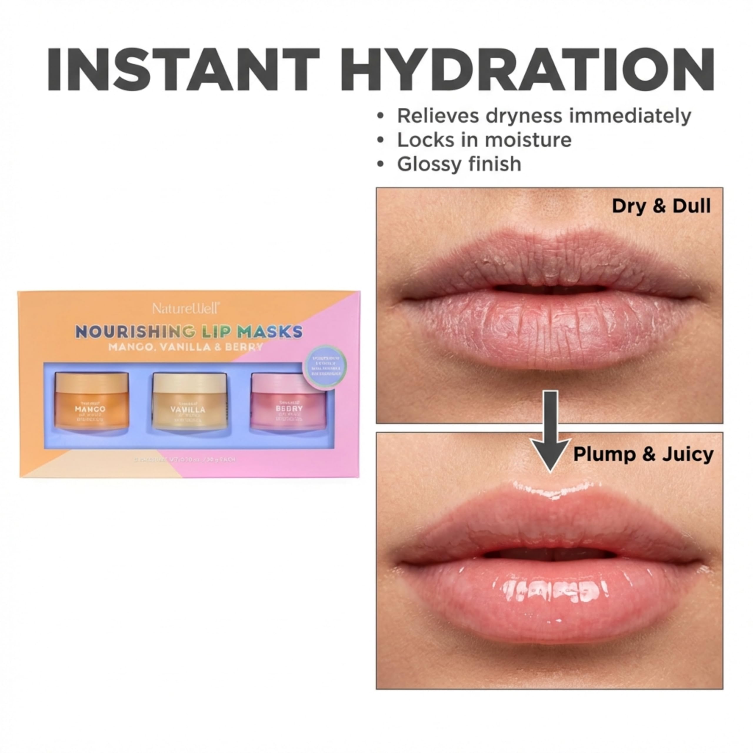 NATURE WELL Hydrating Lip Masks Variety Pack, Includes Mango, Vanilla & Berry Scents, High-Shine, Non-Greasy, Conditioning & Softening, 0.70 Ounce (Pack of 3)