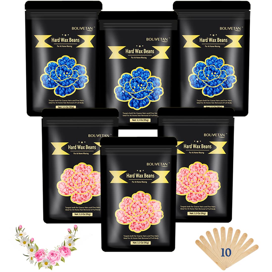 Hard Wax Beads for Hair Removal, Bouvetan 1.3Lb/21oz Wax Beans for Brazilian Waxing, Eyebrow, Face, Bikini, Legs, Arms for Women Men Hair Removal with 10pcs Sticks, 6 Packs