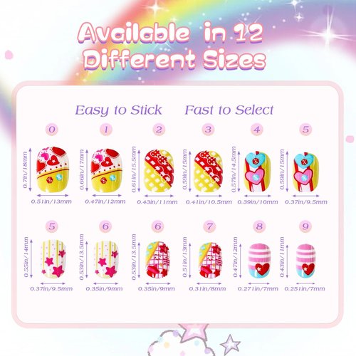 216Pcs Press on Nails for Girls 9 Styles 12 Sizes - Kids Fake Nails Kit for Ages 6-12, Short Acrylic Nails with Adhesive Tabs, Nail File Set for Girls Teens