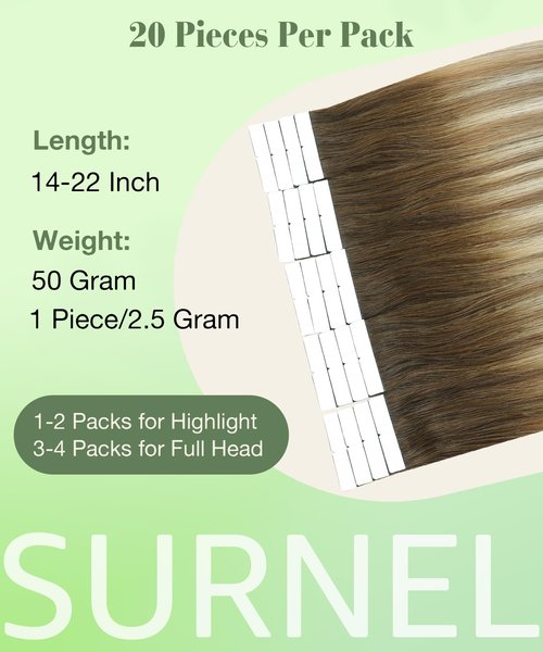 SURNEL Tape in Hair Extensions Balayage Walnut Brown to Ash Brown and Golden Blonde Human Hair Tape in Extensions 14inch 20pcs 50g(#3/8/22-14)