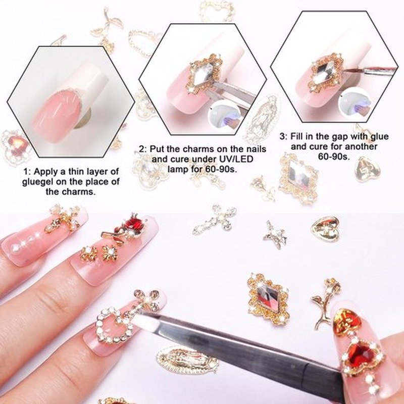 Allstarry Gold Nail Charms, Gold Charms for Nails 3D Charm and Gems Y2K with Flatback Rhinestones Pearls Chunky Bulk Jewels Gold Cross Star Rose Heart Virgin Mary Nail Accessories